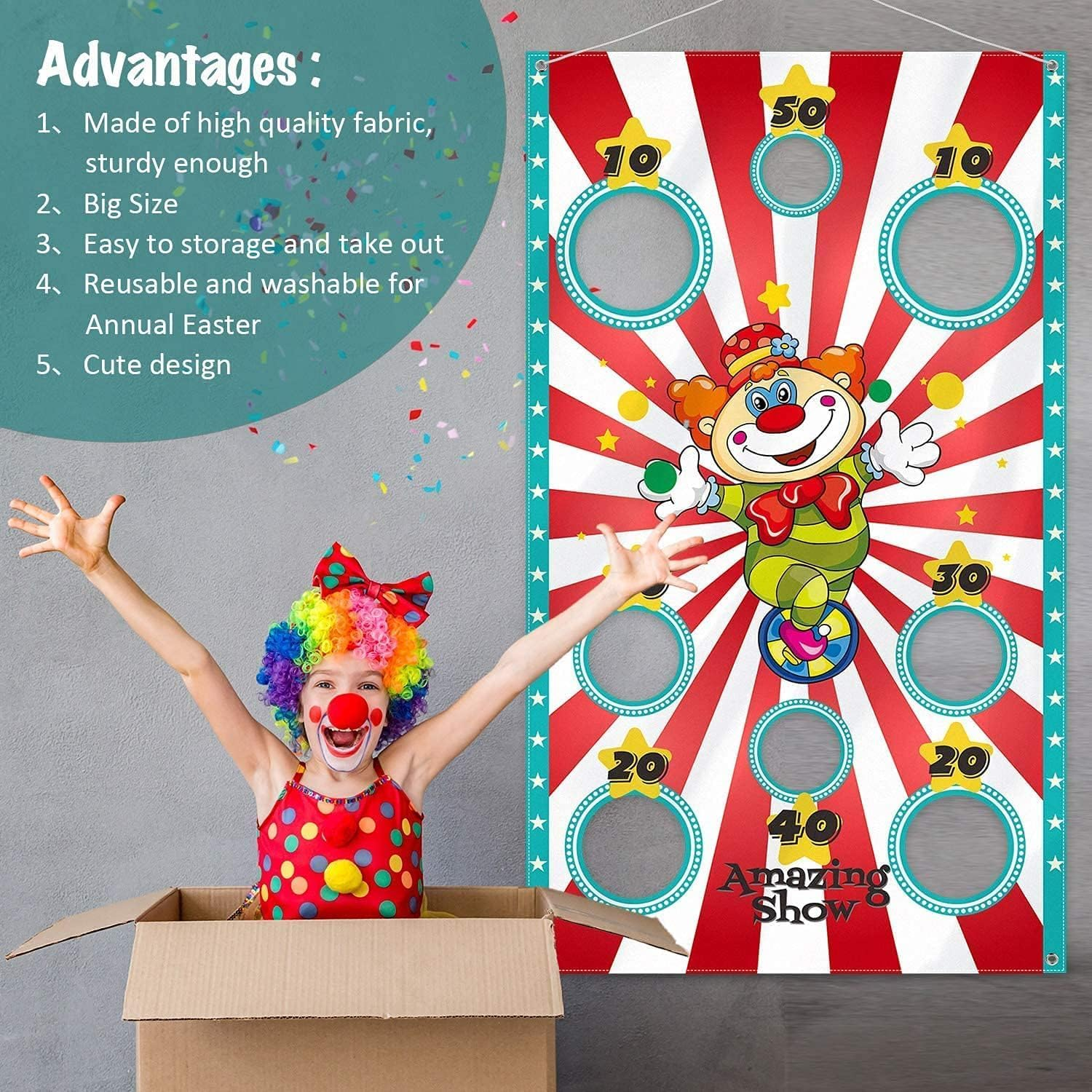 Carnival Clown Toss Game Banner with 3 Bean Bags for Kids and Adults in Carnival Party Activities Carnival Party Decoration Supply Set image number 3