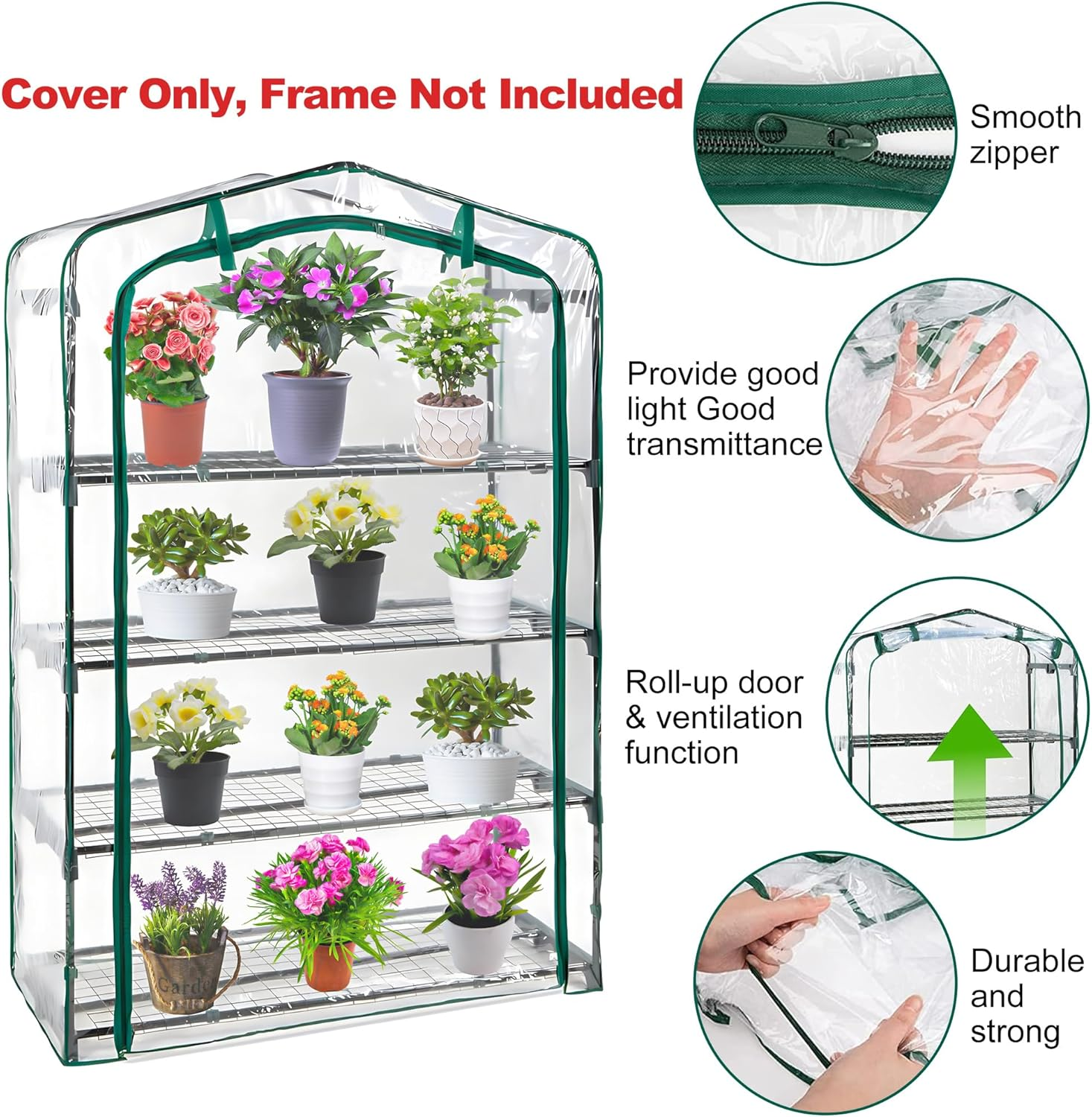 Extra Wide 4 Tier Greenhouse Replacement Cover- 63 X 40 X 19 Inch Clear PVC Plant Gardening Greenhouse Cover with Roll-Up Zipper Door for Gardening Plants Flowers (Frame Not Include) image number 4