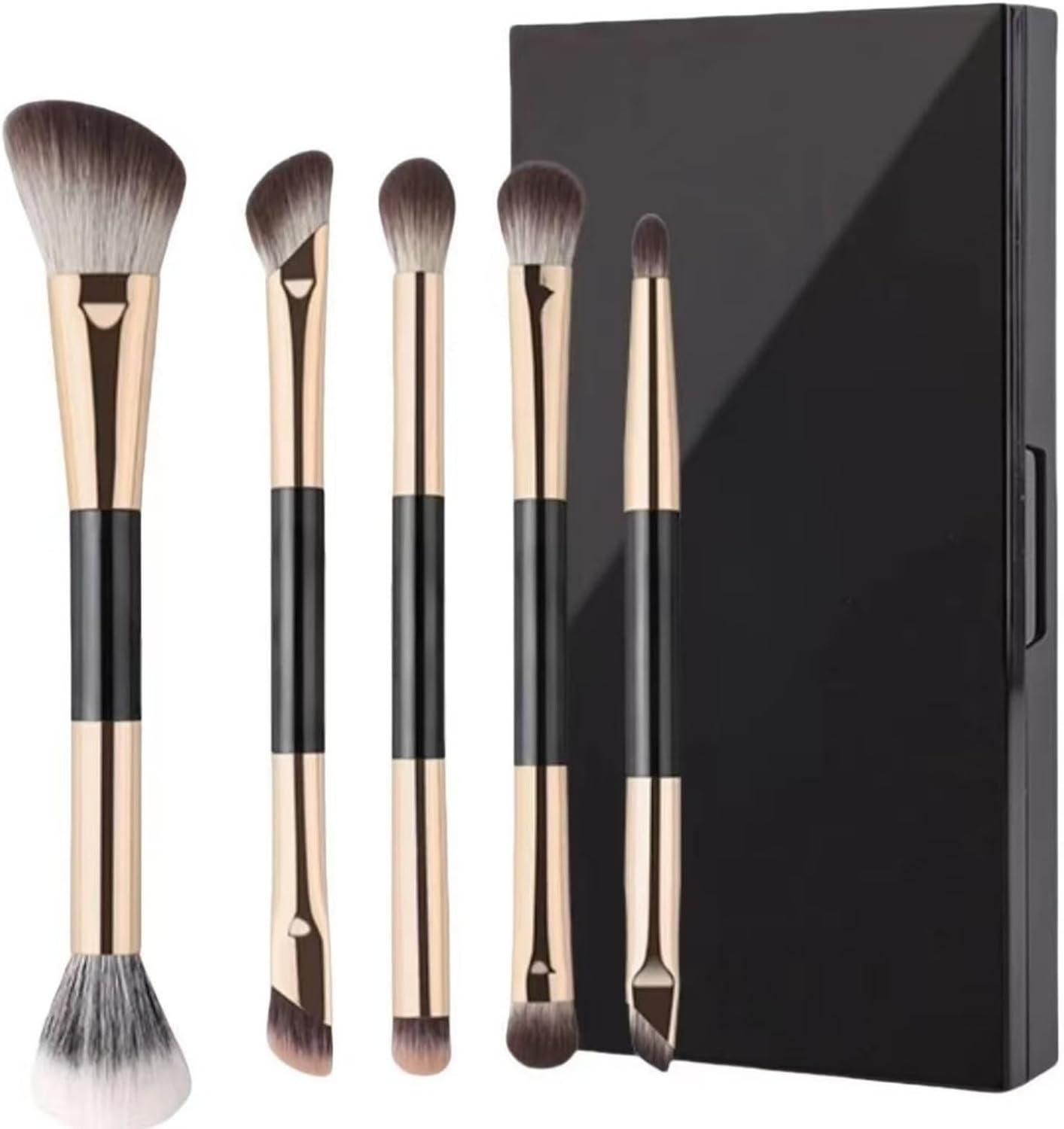 Double-Ended Eyeshadow Brushes, Makeup Brush Set. It Includes Angled Foundation Brushes, Nose Contour Brushes, Facial Contour Brushes, Eyebrow Brushes, Eyeliner Brushes, and Blending Brushes. This 5-Piece Golden Travel Makeup Brush Set Comes in a Box with a Portable Compact Mirror.