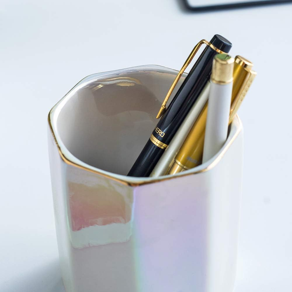 YOSCO Ceramic Desk Pen Holder Stand Cute Pencil Cup Pot Desk Organizer Makeup Brush Holder,Toothbrush Holders(Pearl) image number 4