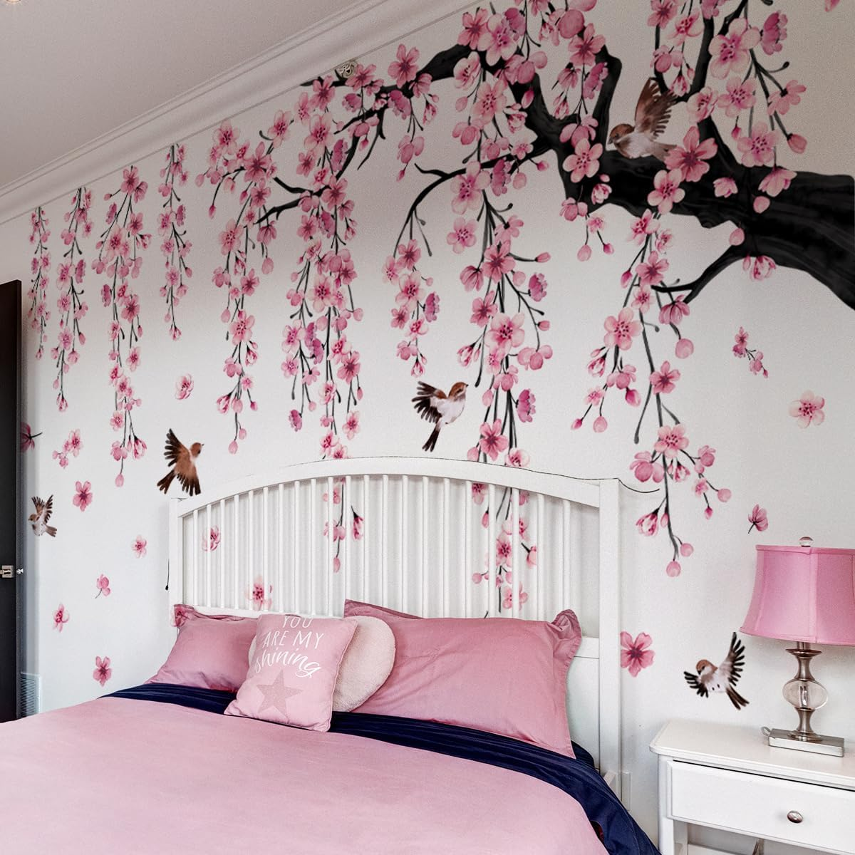 Runtoo Large Cherry Blossom Tree Wall Decals Peel and Stick Pink Floral Wall Art Stickers for Living Room Bedroom Nursery Flower Decor