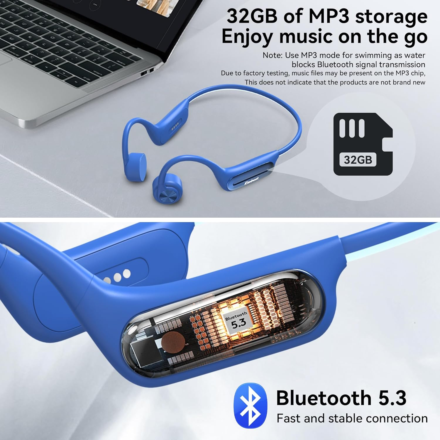 Bone Conduction Headphones-Ip68 Swimming Headphones,Bone Conduction Earbuds with MP3 Mode 32GB Memory up to 8 Hours Playtime Bluetooth 5.3 Running Headphones Secure Fit for Underwater (Light Blue) image number 3