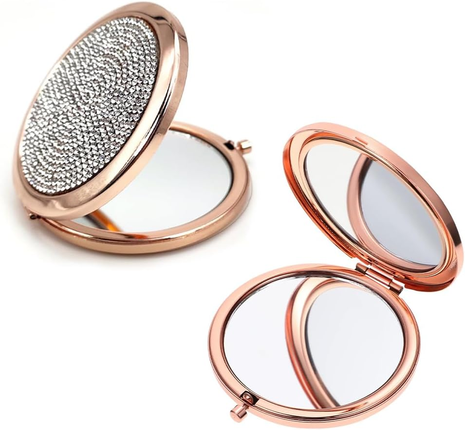 2-Piece Mini round Double-Sided Mirror Set &ndash; Diamond Metal Compact Folding Mirror, 7 Cm Travel & Pocket Mirror, Sturdy Rose Gold Cosmetic Mirror for Women & Girls image number 1