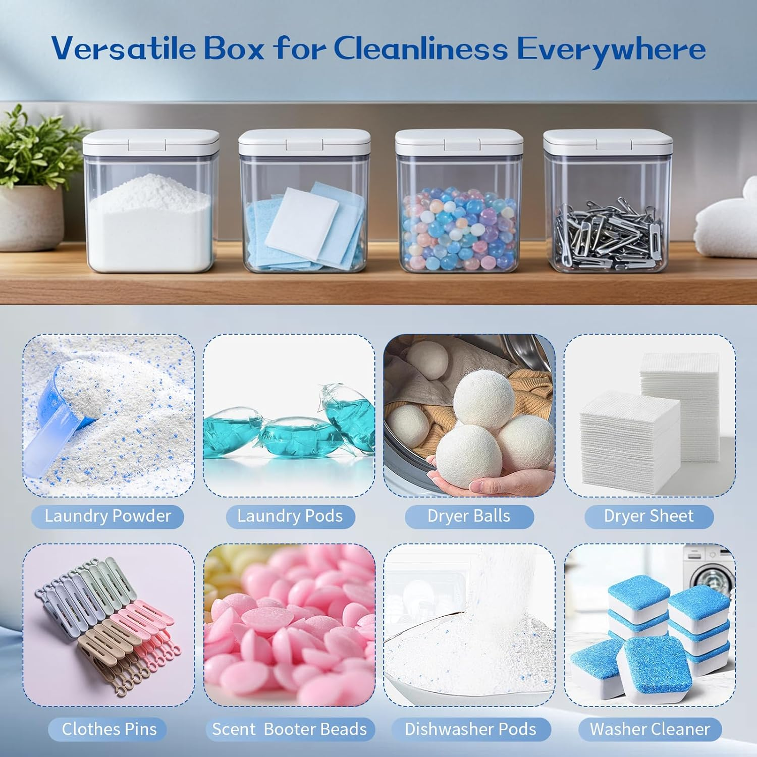 VINATO Set of 2 Laundry Detergent Storage with Lid, Storage Box Made of PET Plastic, Laundry Pods Container Set, Organiser for Detergent, Laundry Beads, Scented Beads, Flour image number 6