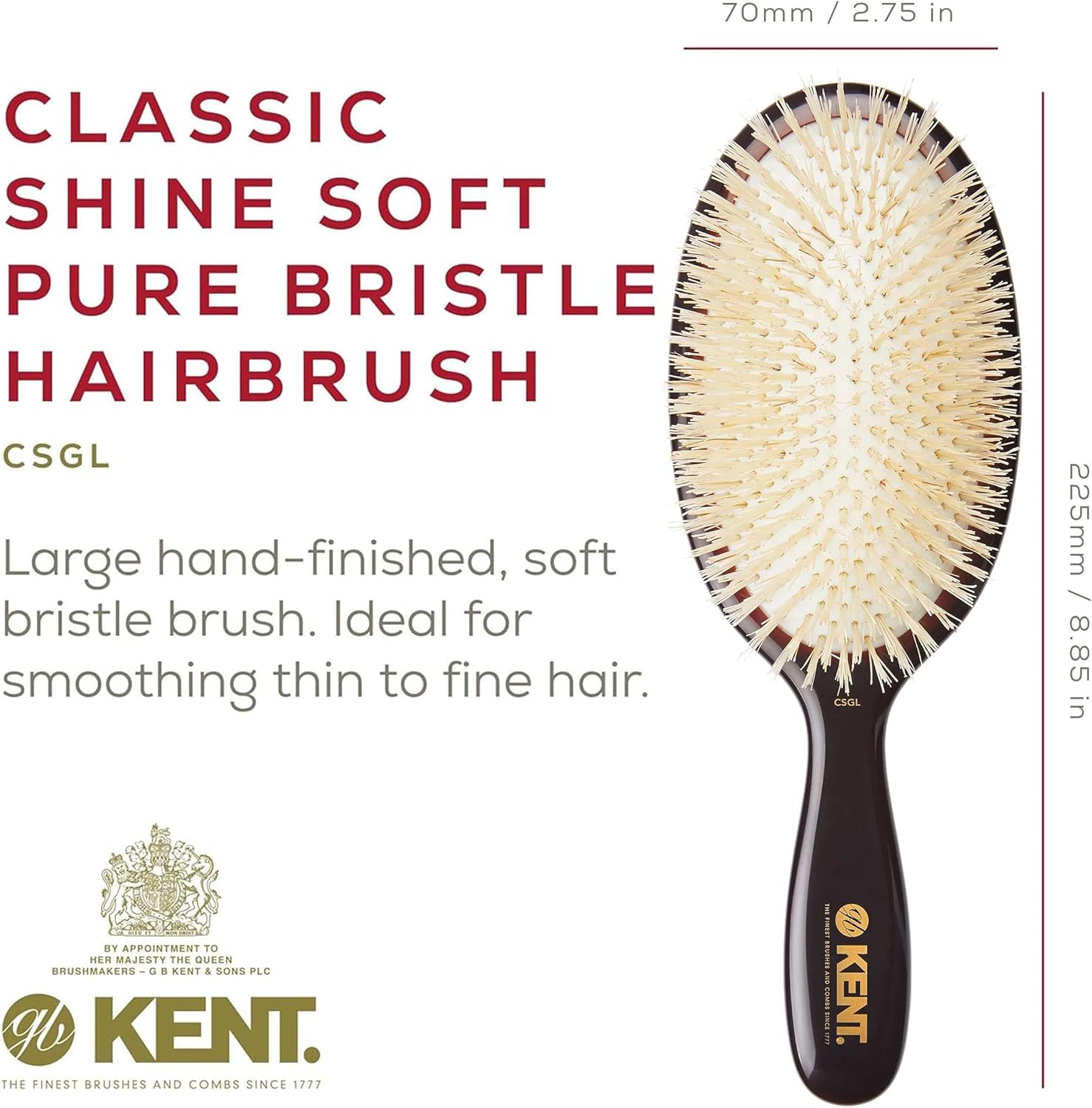 Kent Classic Shine Cushioned Soft Bristle Brush, White, Large image number 5