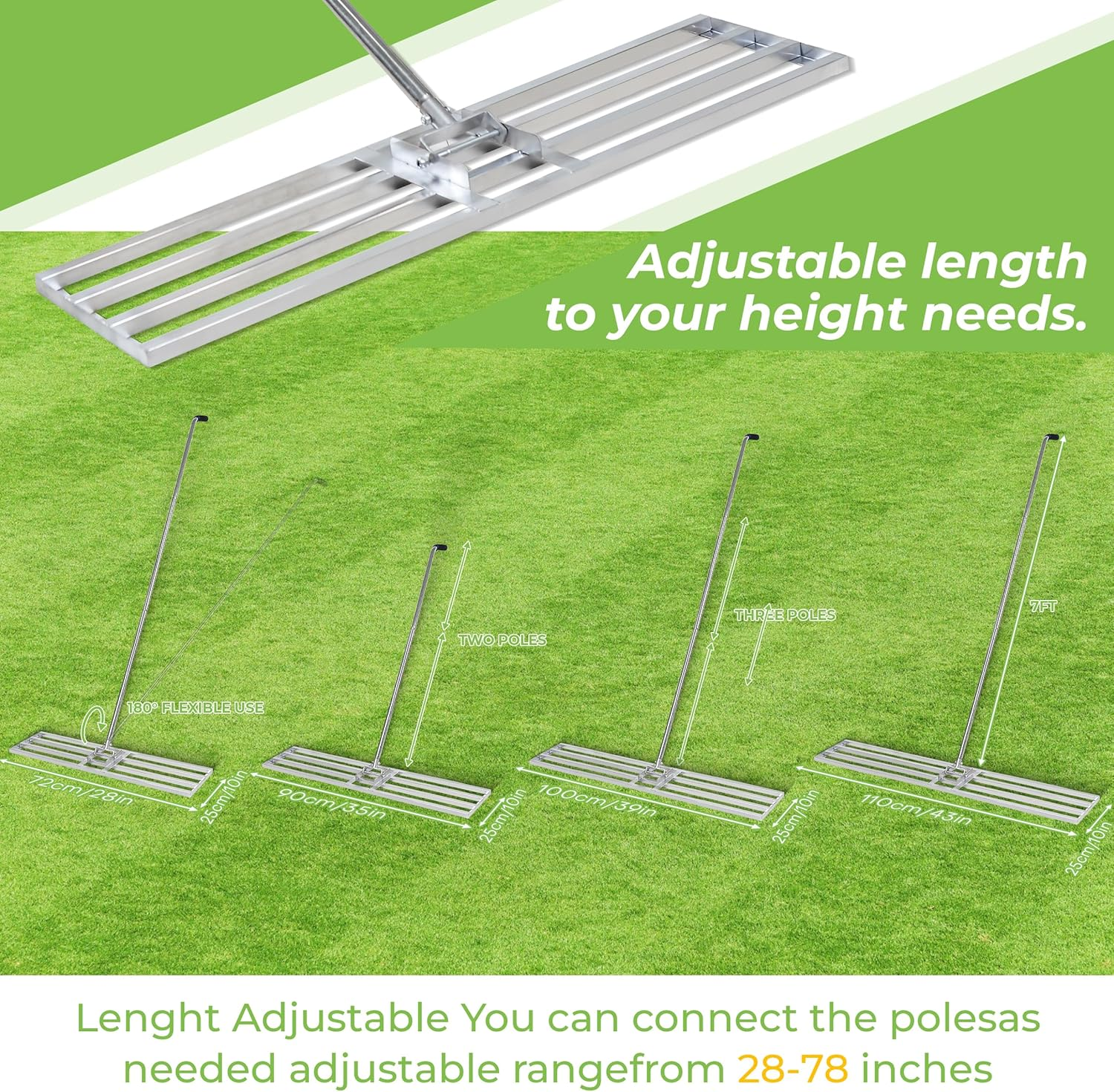 Stansom Lawn Leveling Rake 72X25CM Stainless Steel Lawn Leveler with Adjustable Handle, Heavy Duty Lawn Leveling Tool for Garden Yard image number 3