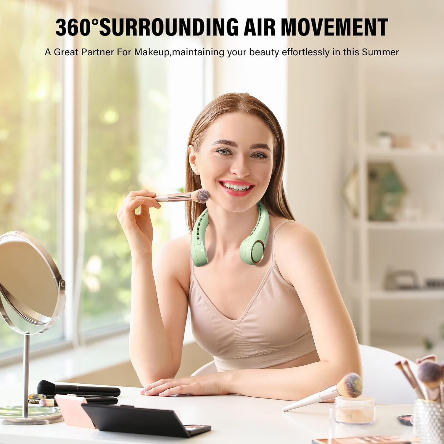 Morelax Neck Fan, USB Rechargeable Personal Fan, 3 Speeds Adjustable, Large Air Outlet Powerful Strong Wind, Adjustable, 360&deg; Cooling, Super Quiet, No Blade Design, No Hair Twisting, Small (Green) image number 6