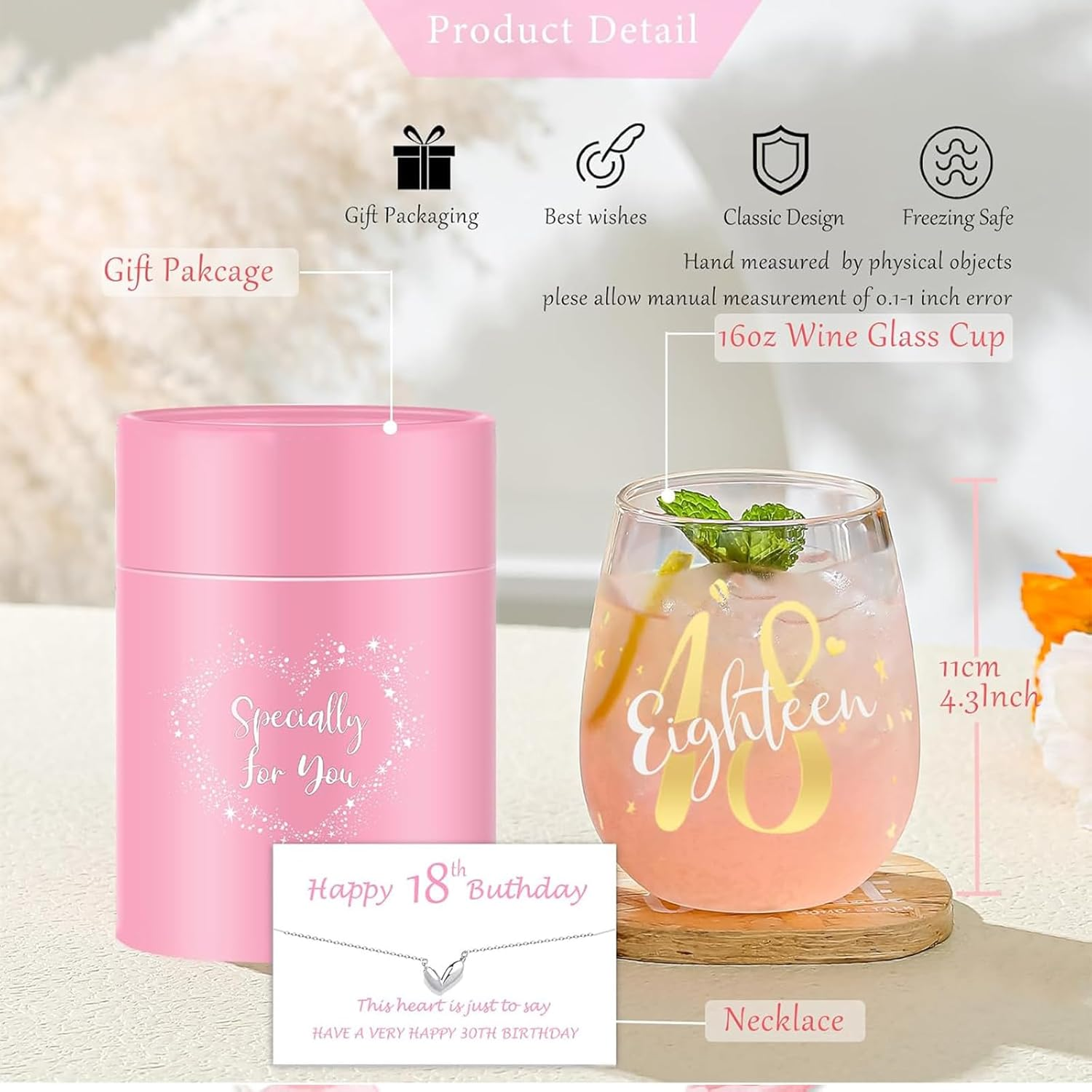 18Th Birthday Gifts for Girls Stemless Wine Glasses Personalised Birthday Gifts for Women Girls Unusual 18Th Birthday Decorations Gifts Presents for Women Best Friend Sister Birthday Glasses image number 3