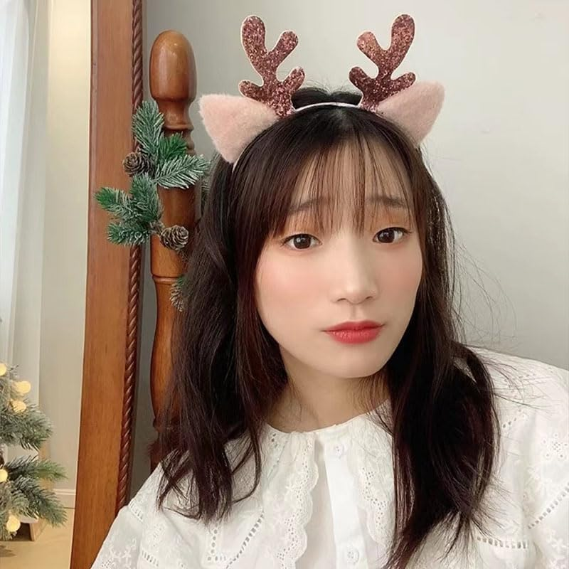 Christmas Elk Headbands for Women Girls Reindeer Antler Ears Headband Headwear Xmas Costumes Pink Hair Accessories for Christmas Headpiece for Kids Cosplay Party Gift - Pink image number 5