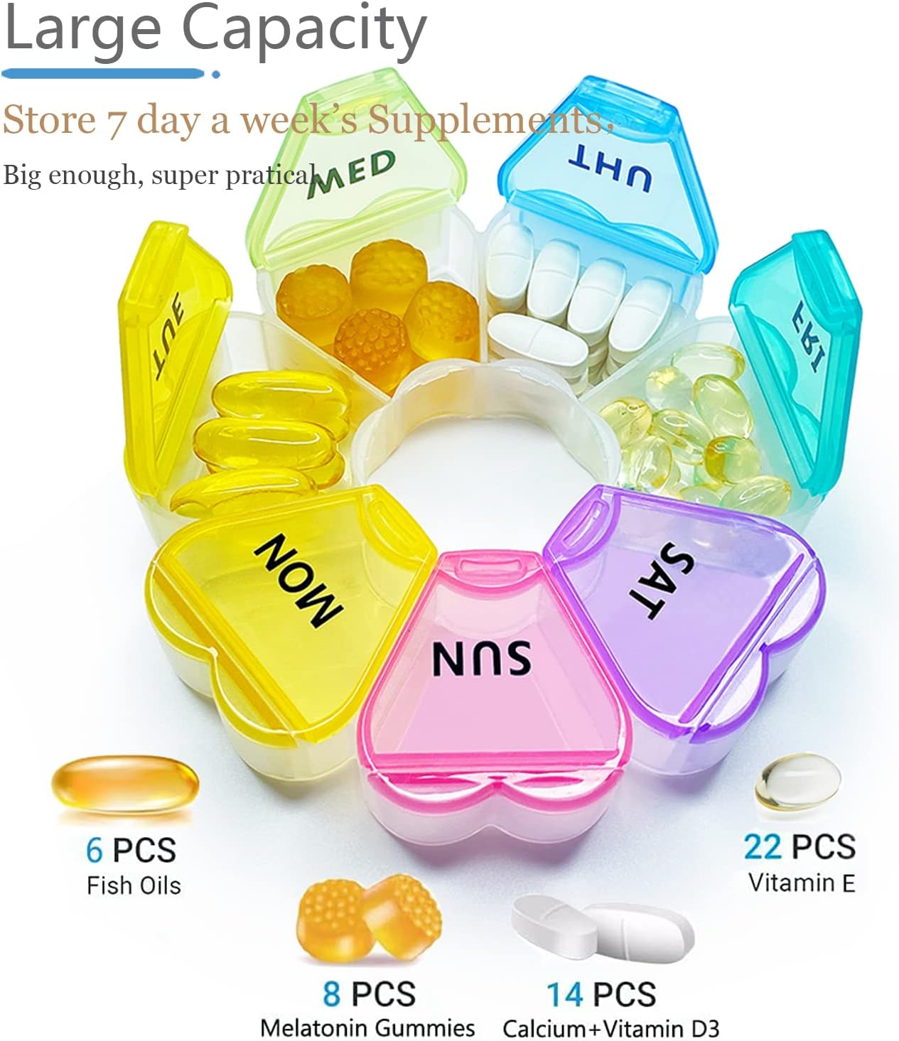 MOLN HYMY Cute Weekly Pill Box 7 Day, round Floral Pill Case Organizer 1 Time a Day, Rainbow Pill Container Once Daily, Large Medicine Dispenser for Vitamin/Fish Oil/Medication/Supplements image number 4
