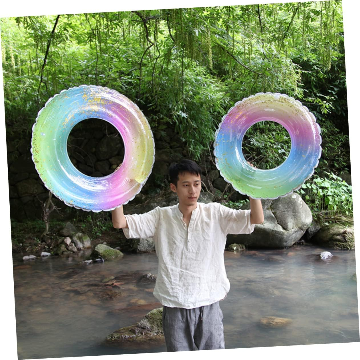 ERINGOGO Swimming Ring Adult Rainbow Inflatable Ring Sequins Translucent Gradient for Pool and Beach image number 5