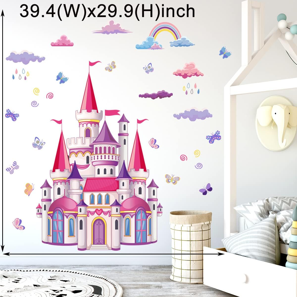 Pinenjoy Cartoon Castle Wall Decal Colorful Rainbow Clouds Butterfly Wall Stickers 39X30Inch DIY Removable Self-Adhesive Vinyl Wall Clings for Girls Bedroom Nursery Classroom Living Room Decors