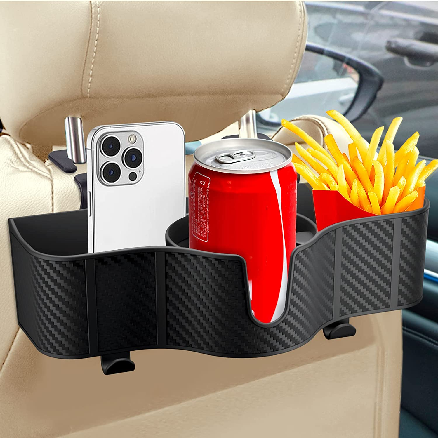 Car Headrest Backseat Organizer with 3.7" Cup Holder, 3 in 1 Seat Back Organizer with Headrest Hooks for Kids and Adults, Multifunctional Storage for Car Travel Accessories（2Pcs） image number 1