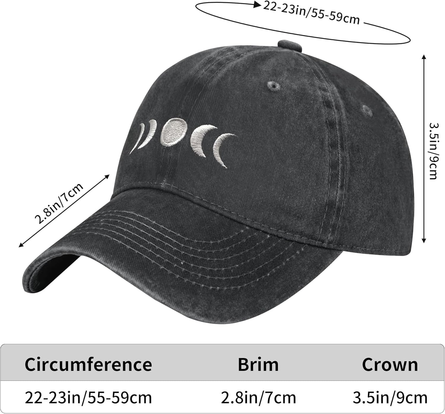 Gothic Goth Crescent Moon Hat, Adjustable Embroidered Washed Baseball Cap for Men Women, Crescent Moon, One Size image number 6