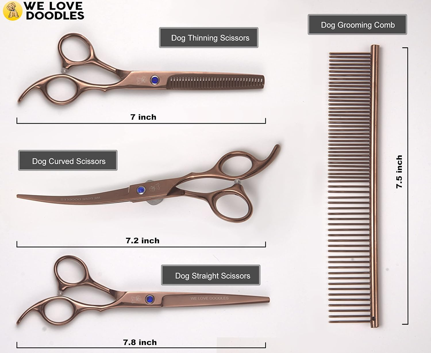 Dog Grooming Scissors Kit - Best Tools for Goldendoodles, Poodles & Doodles - Straight, Curved & Thinning Shears - Golden Doodle Grooming Kit - Professional Grade Steel, 4 Pc Set [We Love Doodles] image number 3