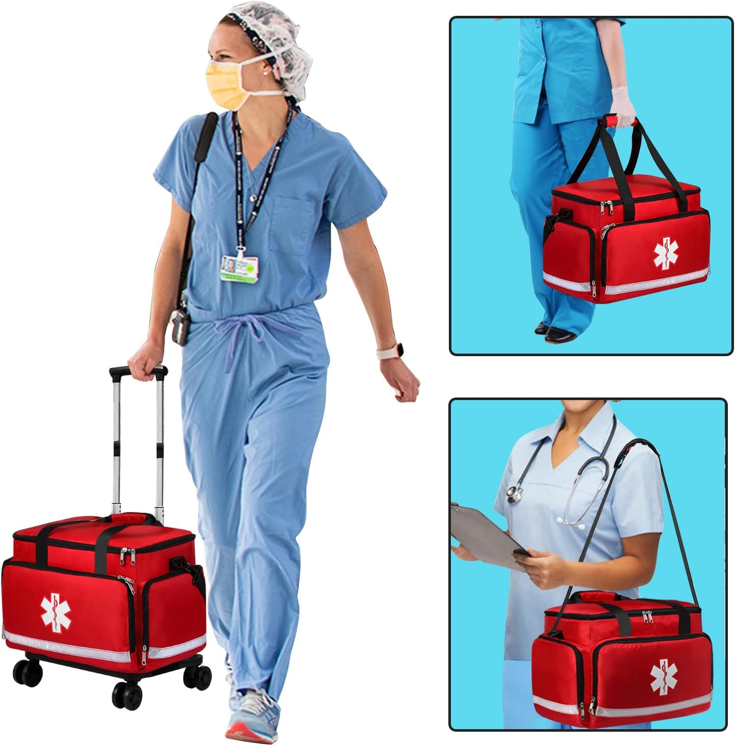Medical Bag Rolling Roller Bag Trolley Duffel Nurses EMT CNA RN Empty for First Aid Responder Home Health Care Nursing Student Roll Duffle Bag Carry on Wheels Wheeled Work Physicians Doctor, Red image number 4