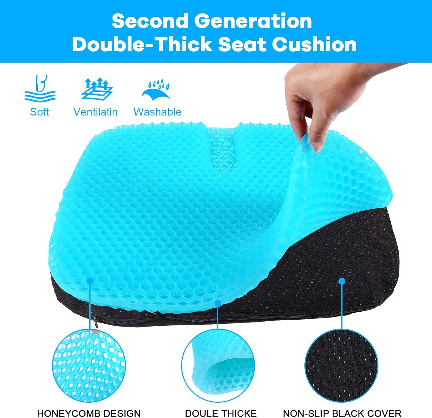 Gel Seat Cushion for Long Sitting, Thick Gel Chair Cushion Soft & Cool, Breathable Car Seat Cushion Pressure Relief Cushion (Large) image number 2