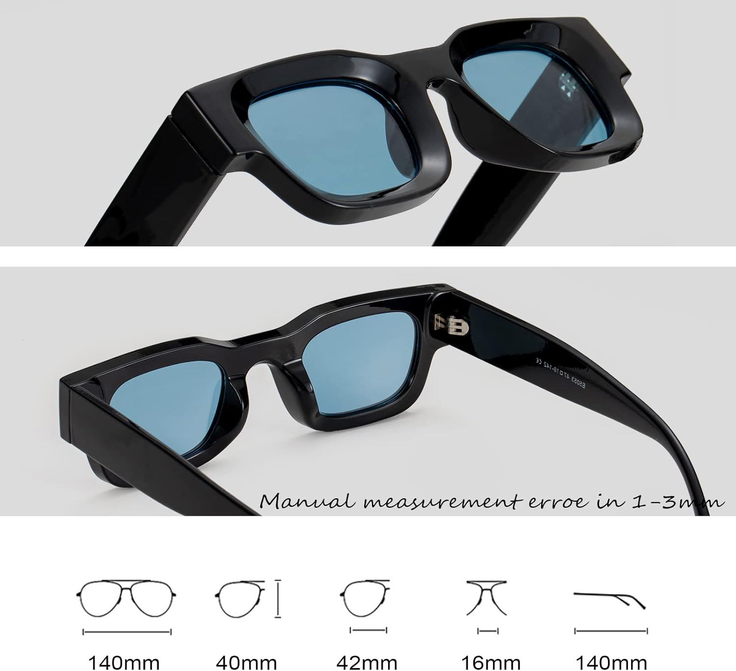 Teumire Retro Rectangle Polarized Sunglasses for Small Face Women Men Chunky Square Thick Frame Glasses UV400 Protection - A02 Black/Clear Yellow image number 2