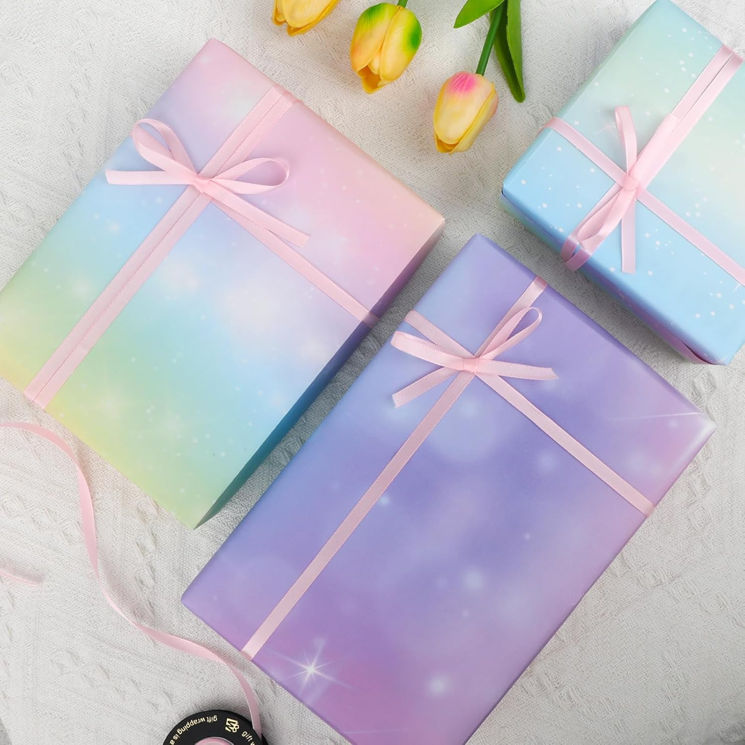 ZCOINS 6 Sheets Aurora Rainbow Gradient Wrapping Paper 70 X 50CM with Pink Ribbons ＆ Sticker, Pink Purple Dreamy Rainbow Starry Sky & Aurora Wrapping Paper Valentines Day Mothers Day Girls Women Gifts image number 2