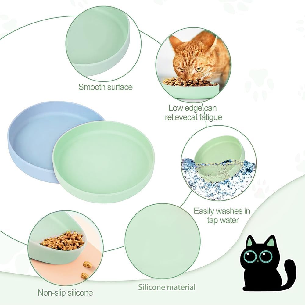 GIGIIS Silicone Cat Feeding Bowl, Pack of 2, Flat Cat Bowl for Dry and Wet Food, Suitable for Cats, Small Dogs, Hedgehogs, Rabbits (Green and Blue) image number 3