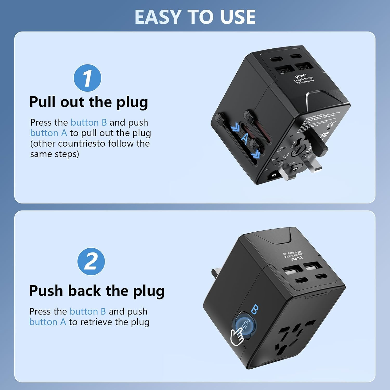 Universal Travel Adapter Worldwide, 54W International Power Adapter with 2 USB-A and 2 USB-C Ports,All-In-One Fast AC Wall Charger Outlet Wall Charger for USA Europe UK EU AUS (Type C/G/A/I),Black image number 5