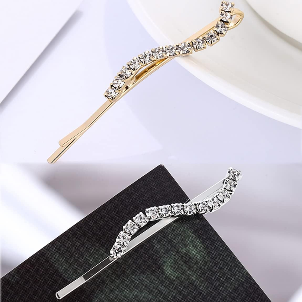 8 Pcs Clear Rhinestone Bobby Pin Crystal Hair Pin Metal Hair Clips Luxury Bling Diamond Barrettes Wedding Bridal Shower Hair Accessories Decorations for Lady Women Girls,,4 Styles, Gold / Silver image number 4