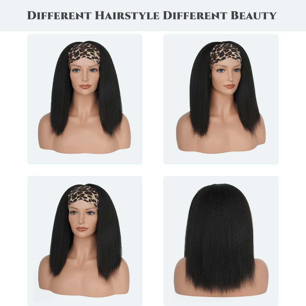 Aminow Kinky Straight Headband Wig, Soft & Natural as Human Hair, Glueless Headband Wigs for Black Women, Long Black Italian Yaki Synthetic Half Wig (1B Natural Black, 16 Inches) image number 5