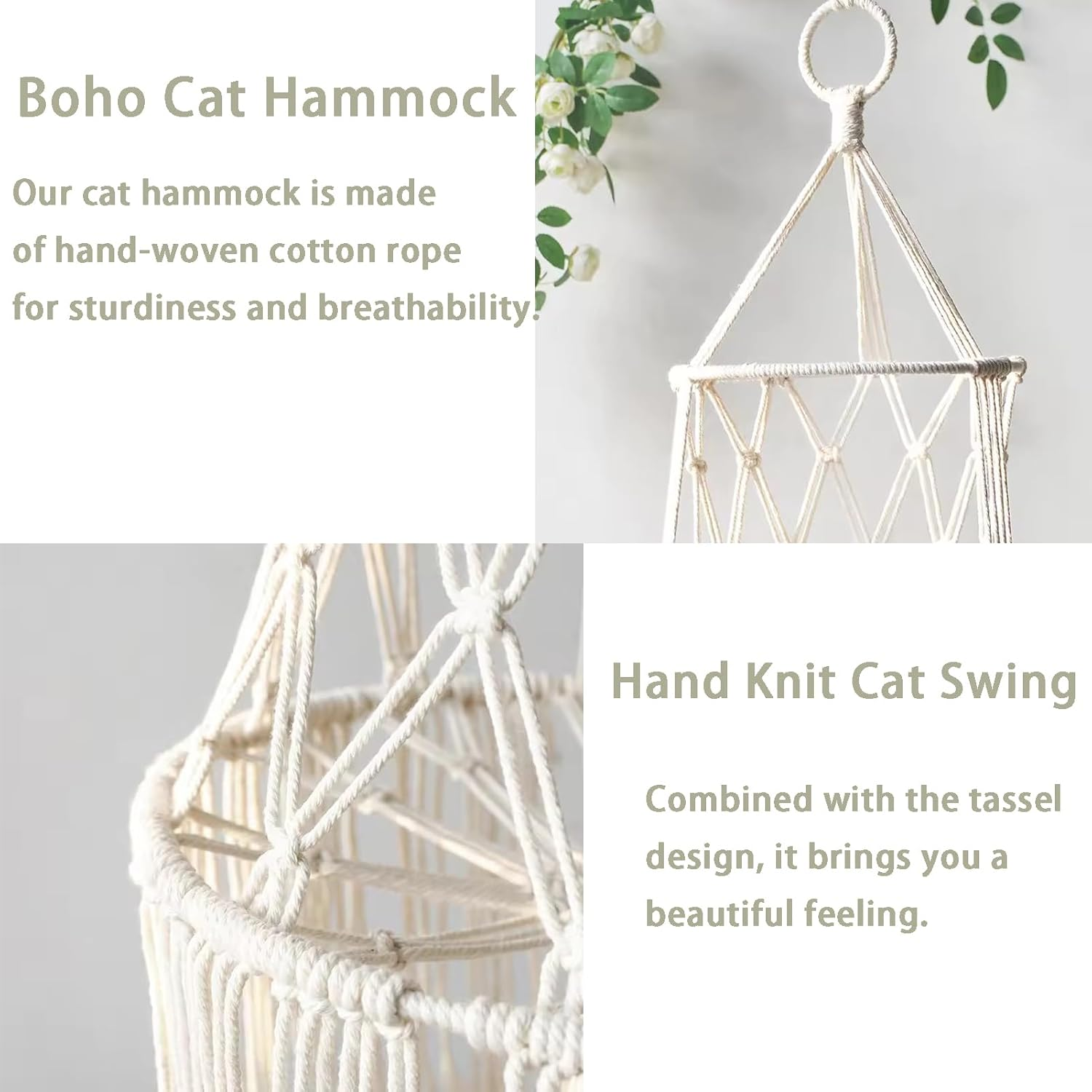 3 PCS Cat Hammock,Boho Hanging Cat Perch with Cat Sofa and Hook,For Cats inside and Outside,Suppleness Cats Swing for Sleeping,Playing (White) image number 1