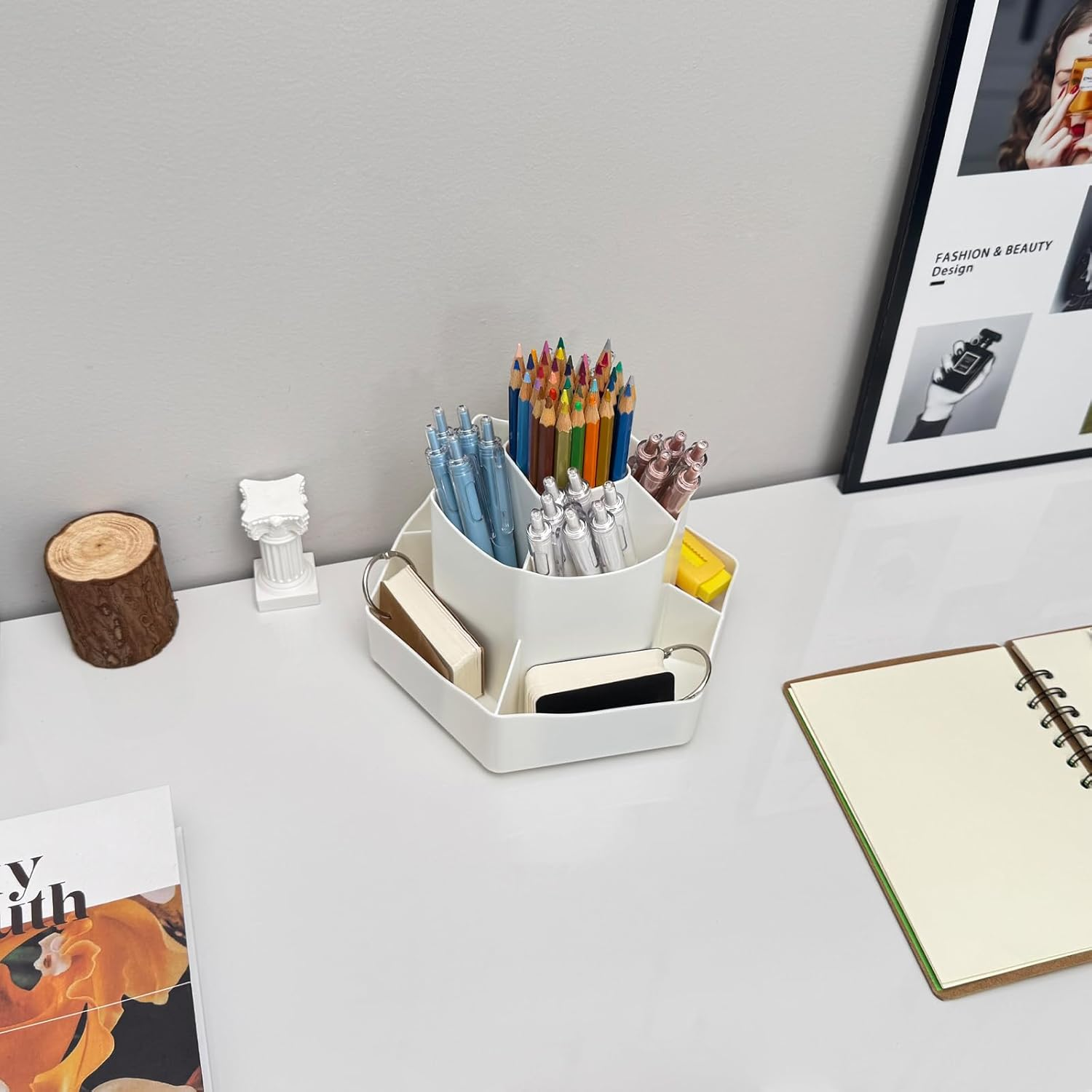 Pencil Pen Holder, 360&deg; Spinning Desk Organizer with 9 Tiered Compartments for Pens, Makeup Brushes, Kitchen Utensils & Crafts, Sturdy Lazy Susan Design -White image number 2