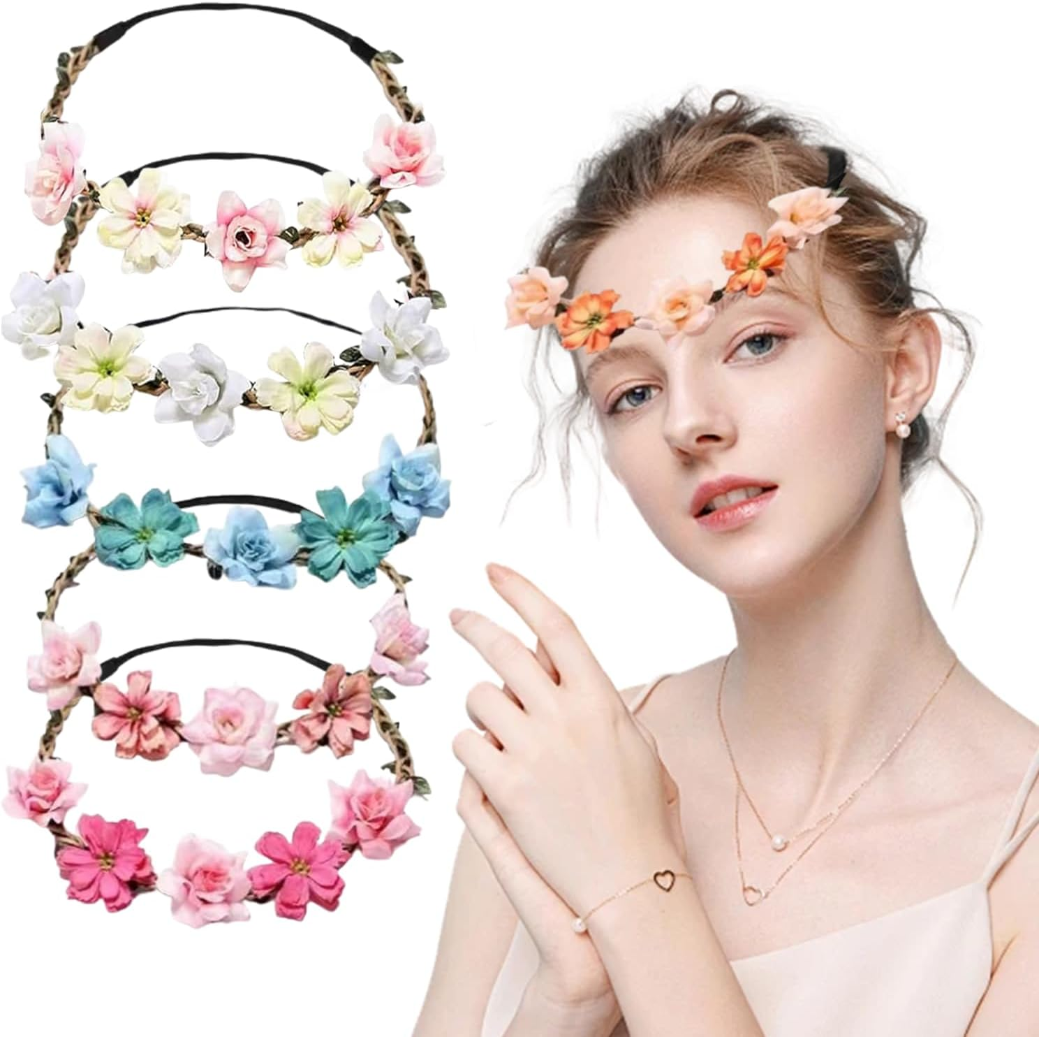 Flower Crown, 6 Pieces Multicolour Floral Wreath Headband for Girls, Adjustable Flower Crowns for Women, Colorful Wreath Festival Hair Accessories Elastic for Wedding, Festival, Party
