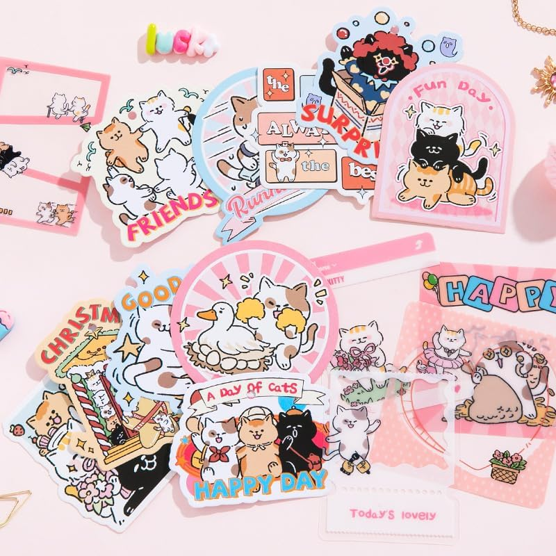 PRSTINCOL Pink Cute Cat Scrapbooking Kit,Kawaii Stationery Scrapbook Supplies Kit with Cat and Dessert Theme for Junk Journal, Bullet A6 Grid Notebook for Adult Teen Girl DIY Gift Kit for Girls image number 1