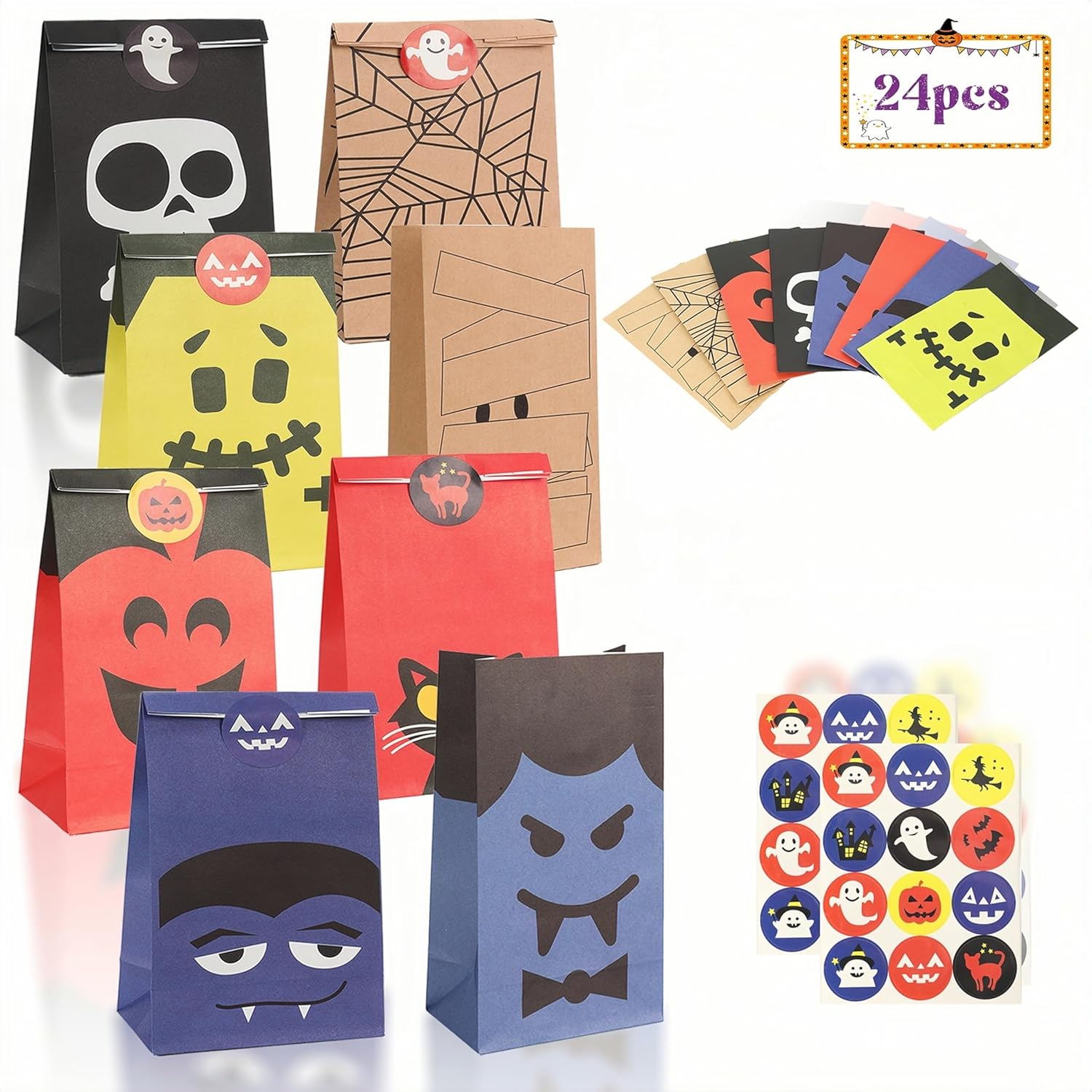 Halloween Paper Bags, 24 Pcs Halloween Goodie Bags, Trick or Treat,Treat Bag for Wrapping, Party Favor, Decration, Candy, Cookie Bag 18X10X6Cm image number 2