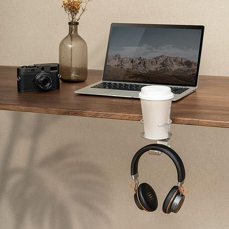 Desky Desk Drink & Headphone Holder &ndash; Clamp-On Dual Cup Holder with Headset Hanger, under Desk Mount, Space-Saving Steel Organizer for Gaming & Office Setup - Space Grey image number 6