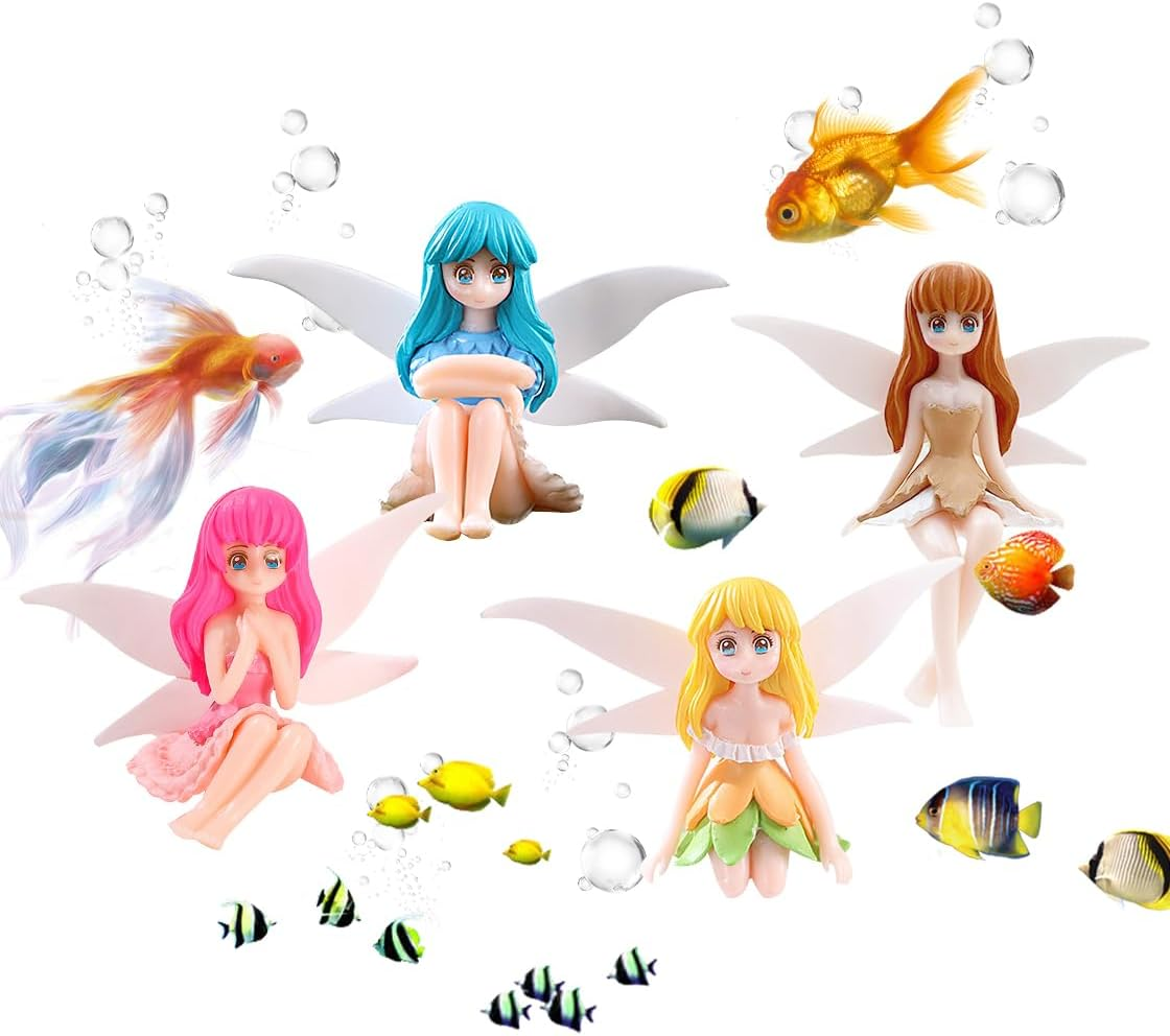 Hyzaphix 4Pcs Floating Fish Tank Decorations, Miniature Fairy Figures Fantasy Aquarium Decor Small Fairy Figurines Ornament with Wing for Home Decoration (Fairy)