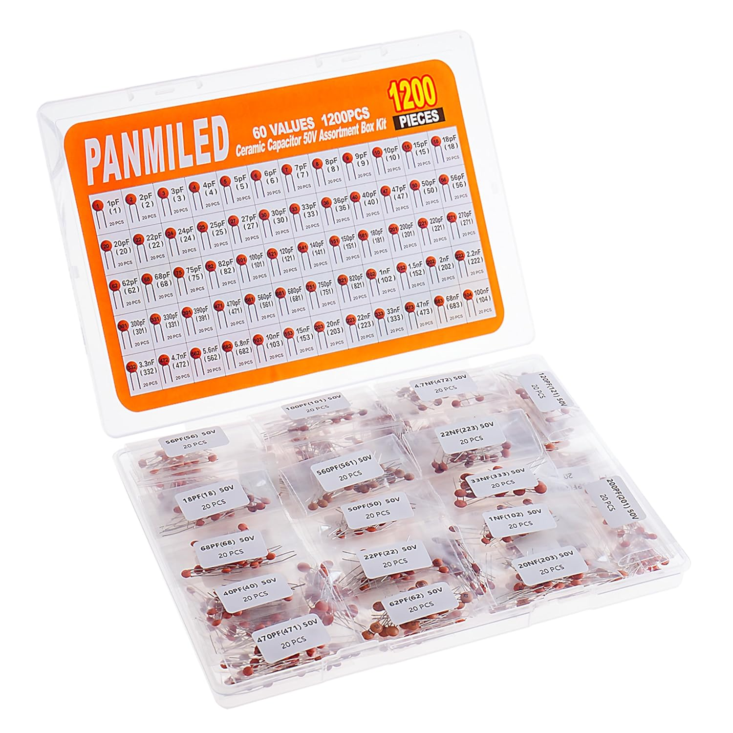 PANMILED 60 Values 1200 Pieces Ceramic Capacitor 1Pf-100Nf 50V Multilayer Monolithic Chip Capacitors Assortment Kit image number 2