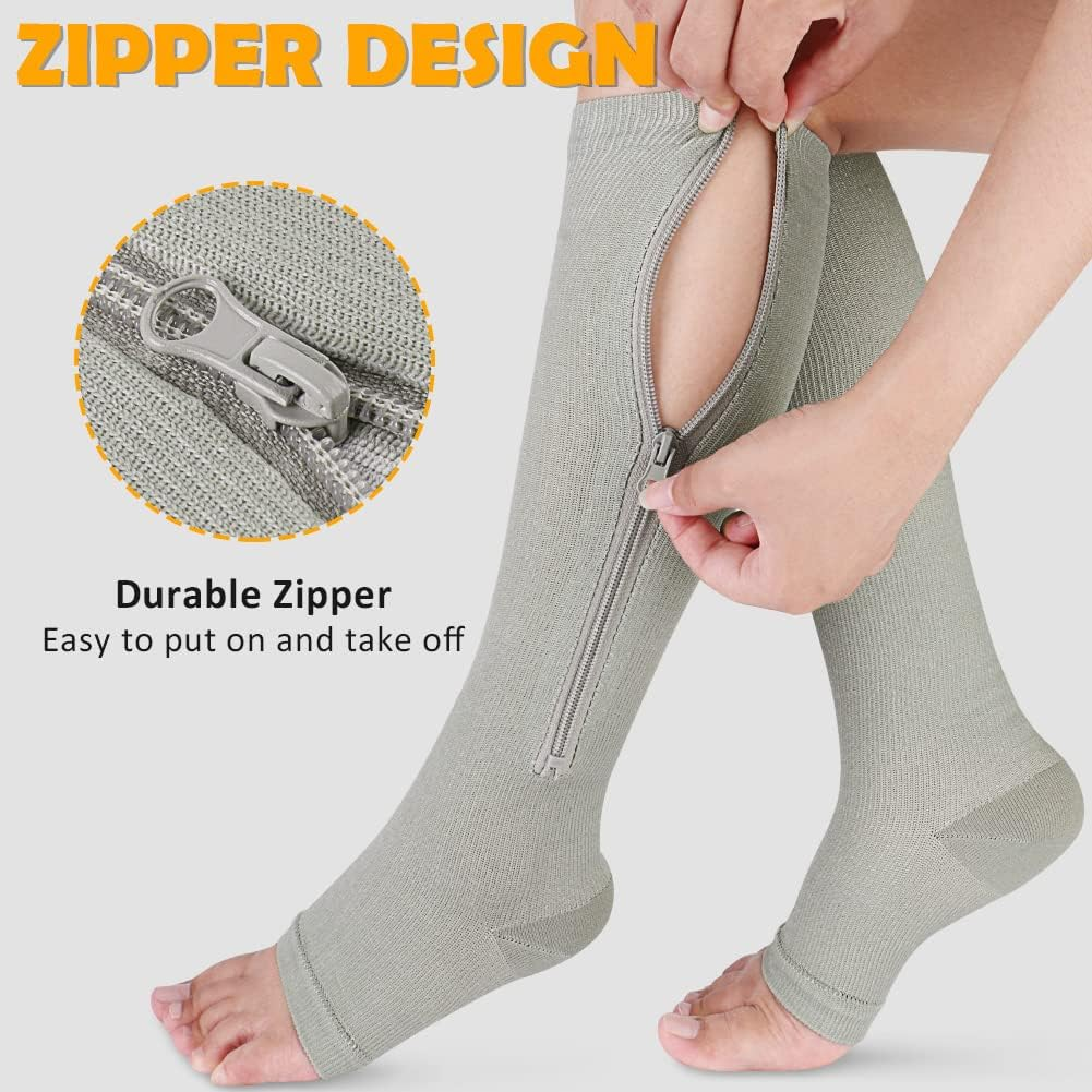 CASMON 2 Pairs Zipper Compression Socks for Women & Men, 15-20 Mmhg Open Toe Knee High Support Socks for Varicose Vein Edema image number 2
