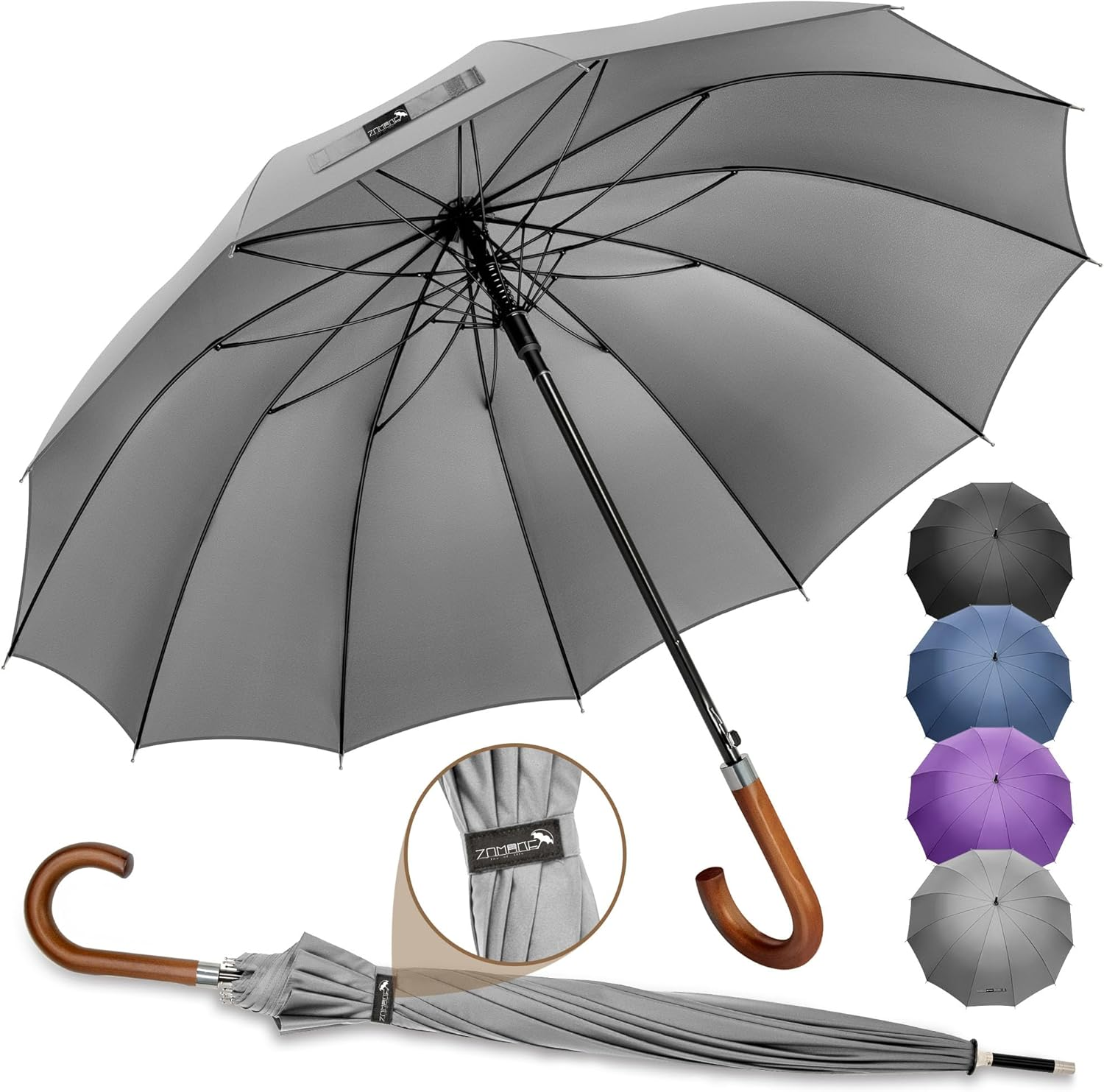 ZOMAKE Large Stick Golf Umbrella with Wood Hook Handle 12 Ribs - Automatic Open Classic Umbrellas Windproof Wooden Handle - Curved Handle Umbrella Cane, Long Umbrella with J Hook for Women Men