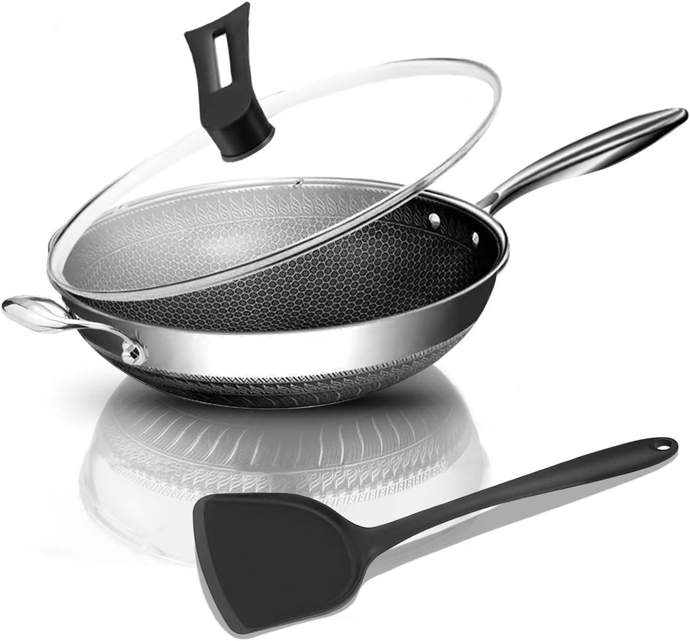 Hybrid Nonstick 12.5Inch Wok Pan with Lid Honeycomb Work with Handle Woks & Frying Wok Pan PFOA Free Cookware Suitable for Induction Ceramic Electric and Gas Cooktops image number 1