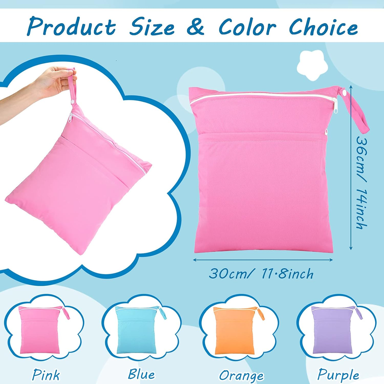 Shappy 4 Pcs Wet Dry Bag for Baby Cloth Diapers Waterproof Wet Bag Washable Travel Reusable with 2 Pocket for Travel Beach Pool(Blue, Purple, Pink, Orange) image number 2