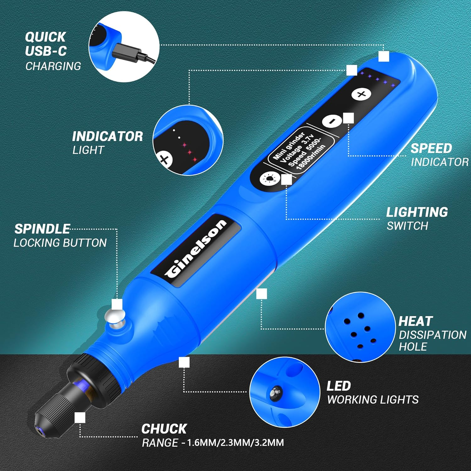 Cordless Rotary Tool, 5 Variable Speed Mini Rotary Tool Kit with 70 Accessories, 3.7V Type-C Charging Power Rotary Tool for Engraving, Sanding, Polishing, Carving, Cutting, DIY Crafts image number 4
