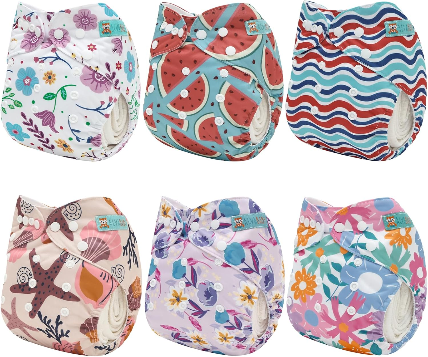 ALVABABY Baby Cloth Diaper 6 Packs with 12 Inserts Cloth Diaper Covers Adjustable Washable Reusable for Baby Girls Boys image number 4