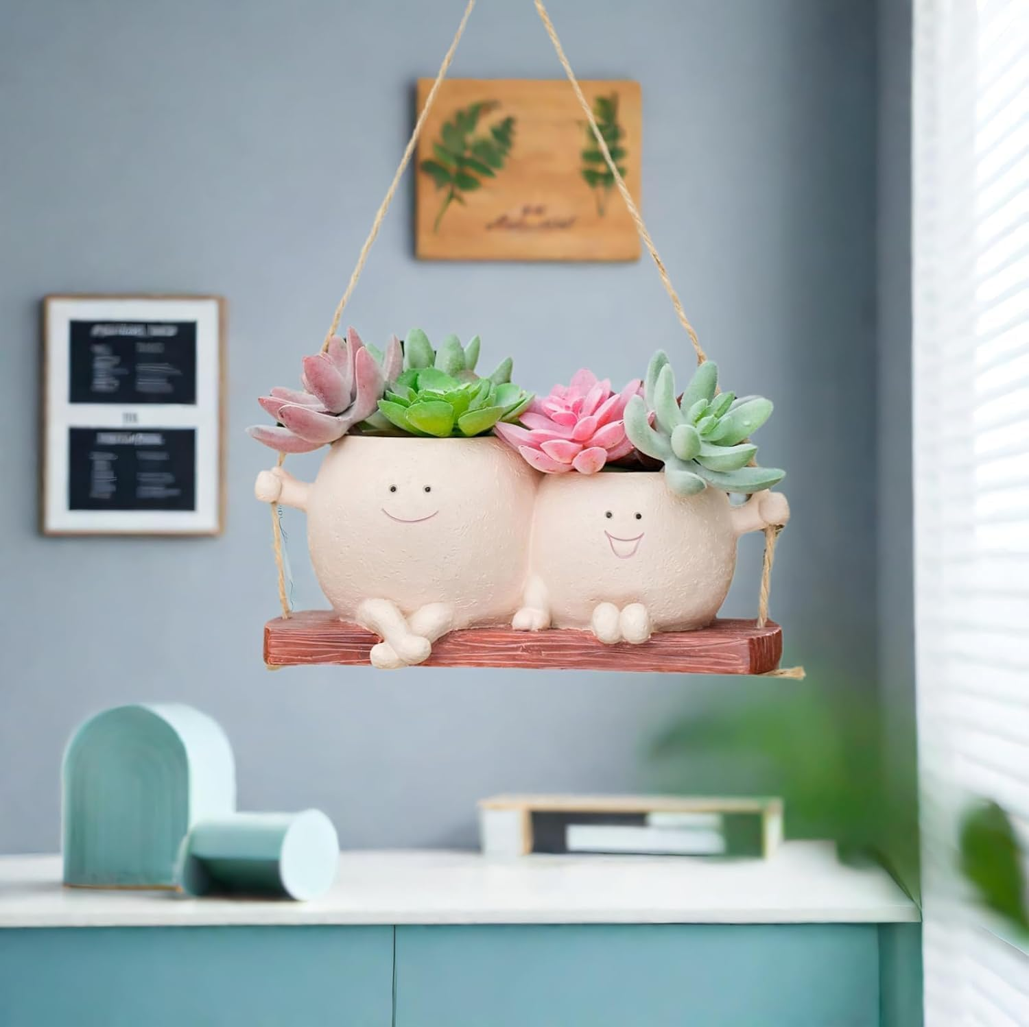 Swinging Planters with Smile Faces, Couple Swing Plant Pot Smiley for Indoor Outdoor Plants image number 3