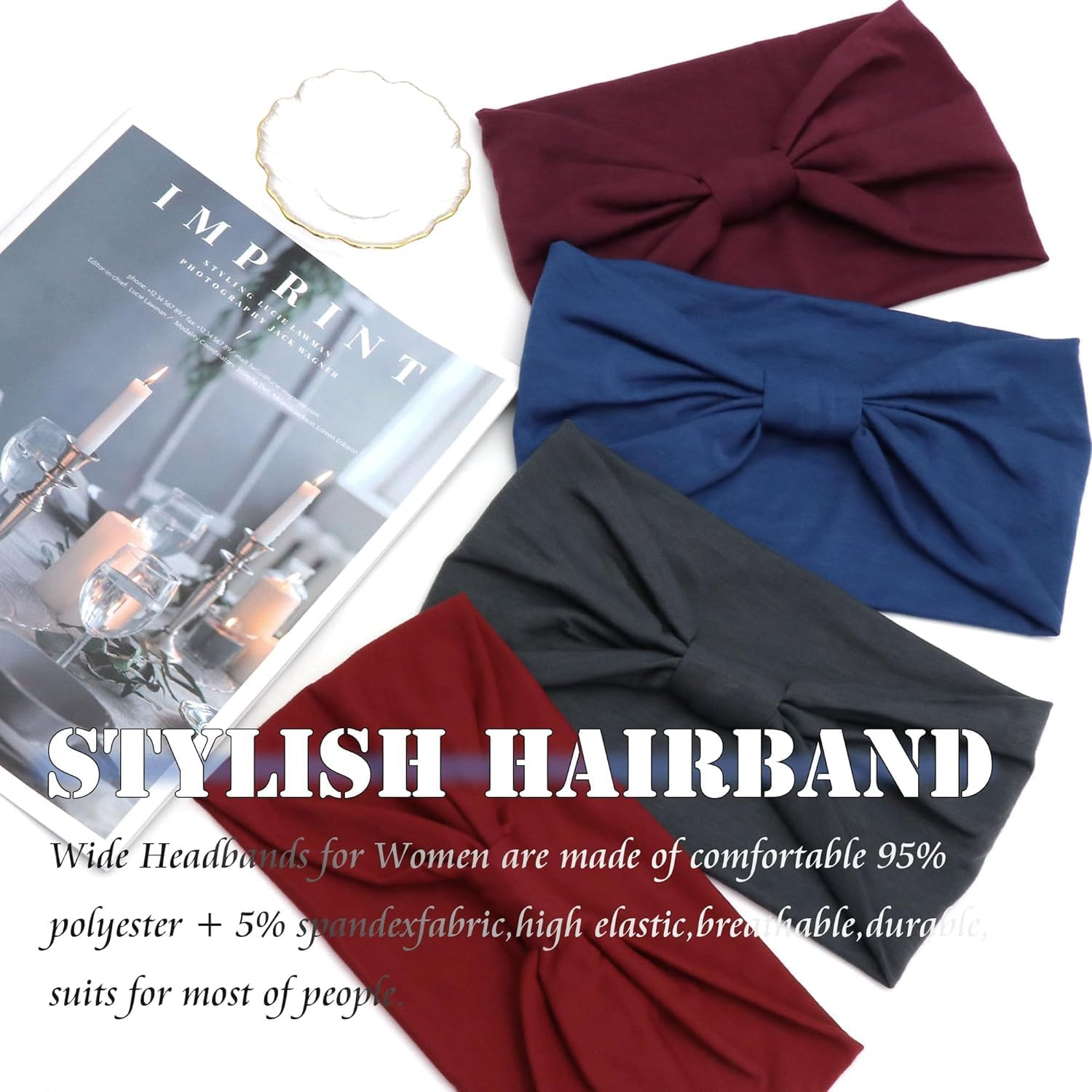 Boho Headbands for Women Wide Knotted Sweatbands Head Bands Stretchy Hair Bands Elastic Non-Slip Yoga Workout Turban Headwrap Hair Accessories (Pack of 4) image number 1