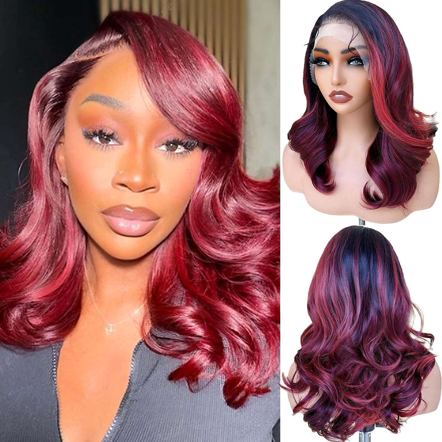 Bordeaux Red Shimmer Lace Wig 13X6Cm Synthetic Lace Front Light Heat Resistant Short Wavy Wigs for Women