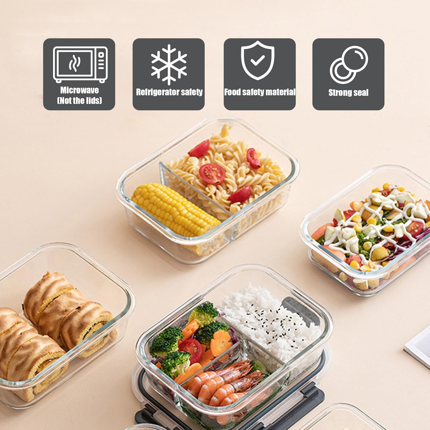 Glass Food Storage Containers,5 Pack Large Meal Prep Containers with Plastic Lids(1040Ml), Dishwasher, Microwave, Oven, & Freezer Safe,Glass Lunch Box for Kitchen Storage & Organisation image number 6