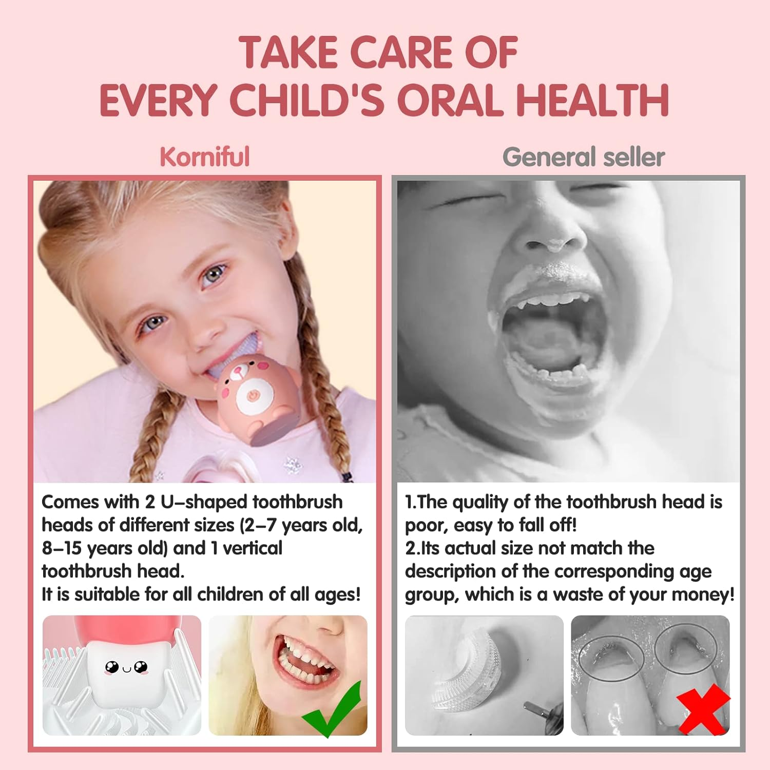 KORNIFUL U Shaped Electric Toothbrush for Age 2-12 Kids, Whole Mouth Toddlers Toothbrush with 6 Brushing Modes, U Shaped Toothbrush of 360&deg; Oral Cleaning for Girl 2-15 Years Old, Little Bear, Pink image number 5