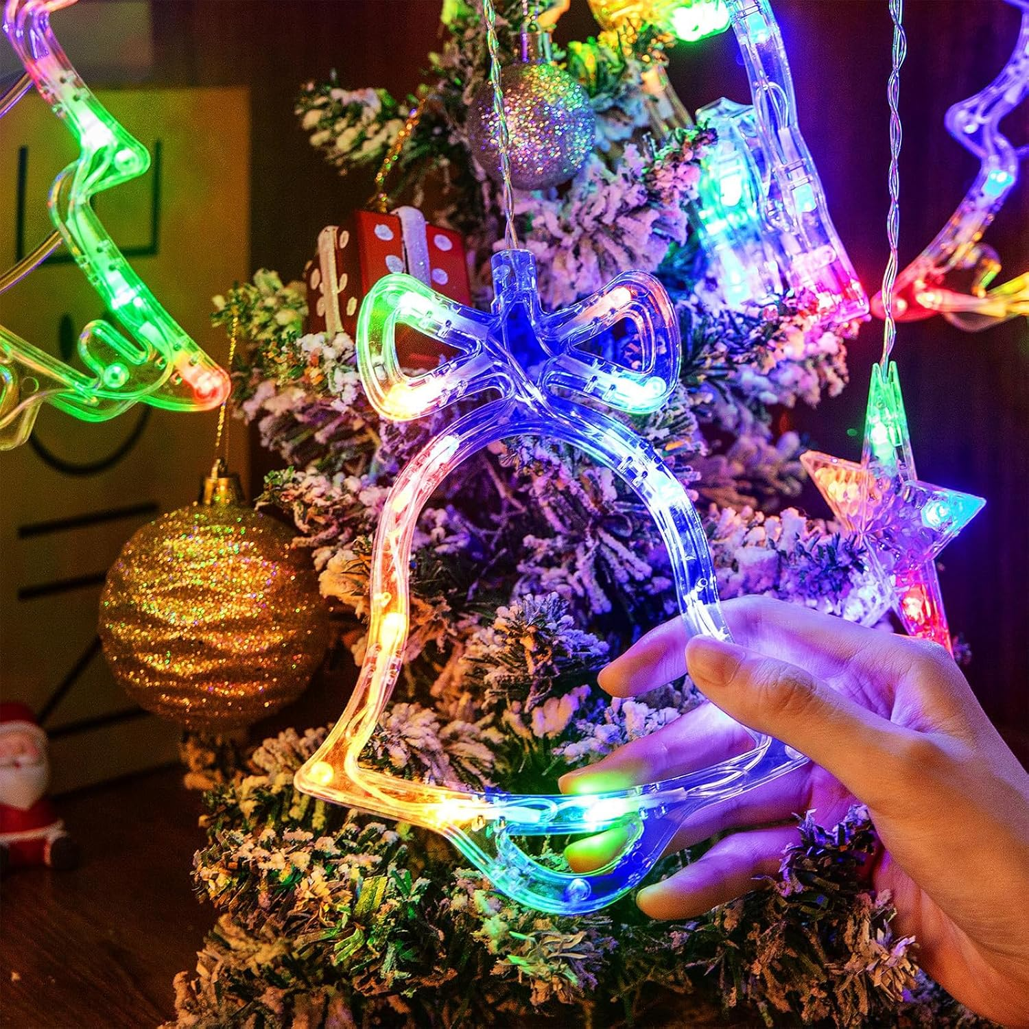 Christmas Window Lights, 138 LED 3.5M Christmas Decorations Indoor Lights with Christmas Tree Bell Reindeer Star, Alway-On Flash Hanging Decors Lights for Party Home Window(Multicolor) image number 5