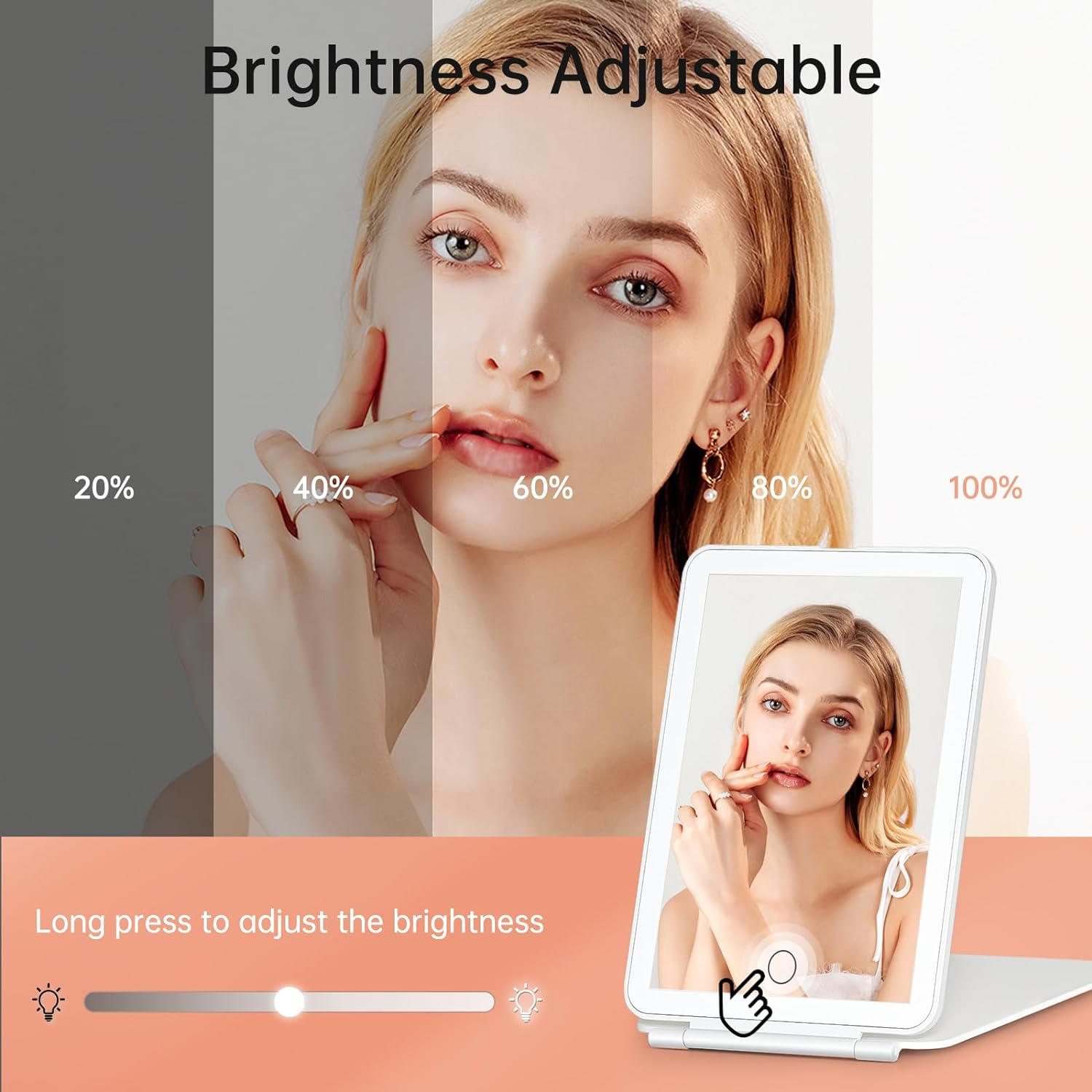 FUNTOUCH Cosmetic Mirror with Lighting, Rechargeable Portable Ultrasonic Travel Mirror with Light, 3 Colour Lights, Dimmable Touchscreen Makeup Mirror, Foldable Makeup Mirror (White)