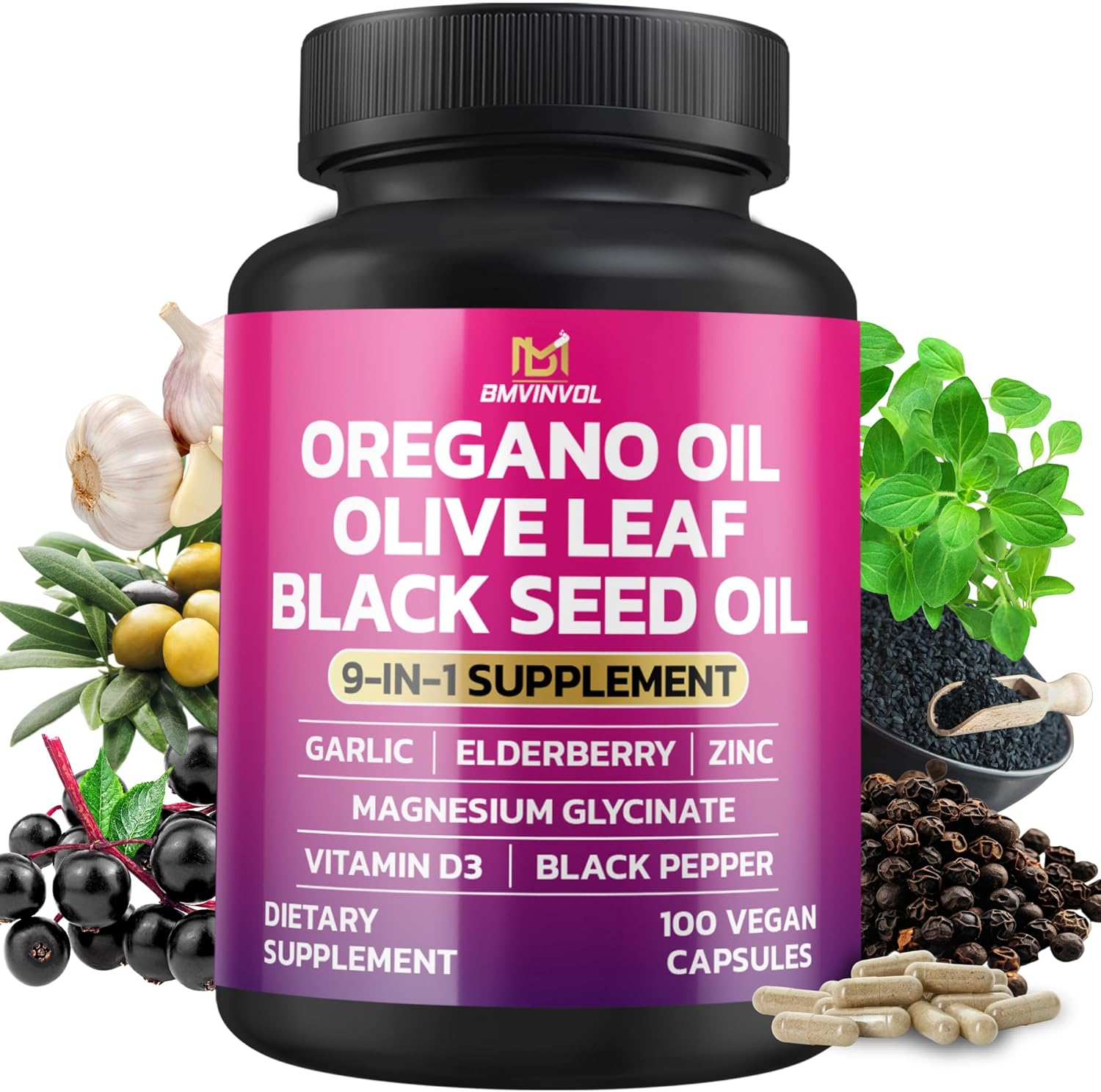 BMVINVOL Oregano 12000Mg Garlic 2000Mg Olive Leaf 500Mg Black Seed 2000Mg + 5 More - Immune Support & Digestive Health Supplement for Women and Men - 100 Capsules image number 6