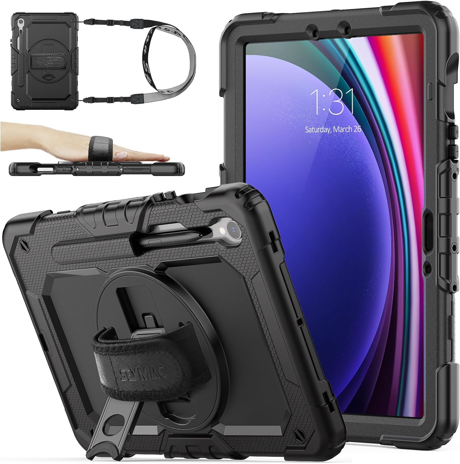 SEYMAC Stock Case for Samsung Galaxy Tab S10 FE/S9/S9 FE 5G 2025/2023 with Screen Protector | Pencil Holder [360 Rotating Hand Strap] &Stand, Drop-Proof Case 10.9"/11'', Black image number 4